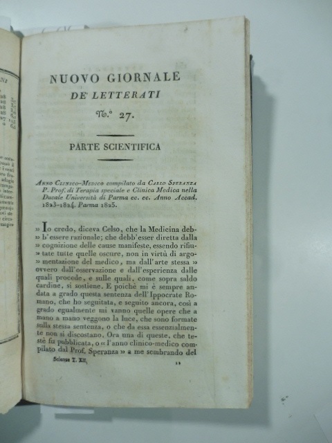 Anno clinico - medico compilato da Carlo Speranza...Università di Parma... (Stralcio da: Nuovo giornale de' letterati. N. 27. N. 40. 1826 - 1828)